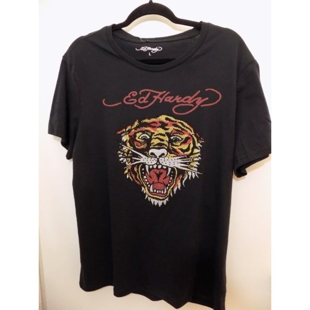 New Ed Hardy Rhinestone Jeweled Tiger T-Shirt Men Retro 1990's Graphic Size M